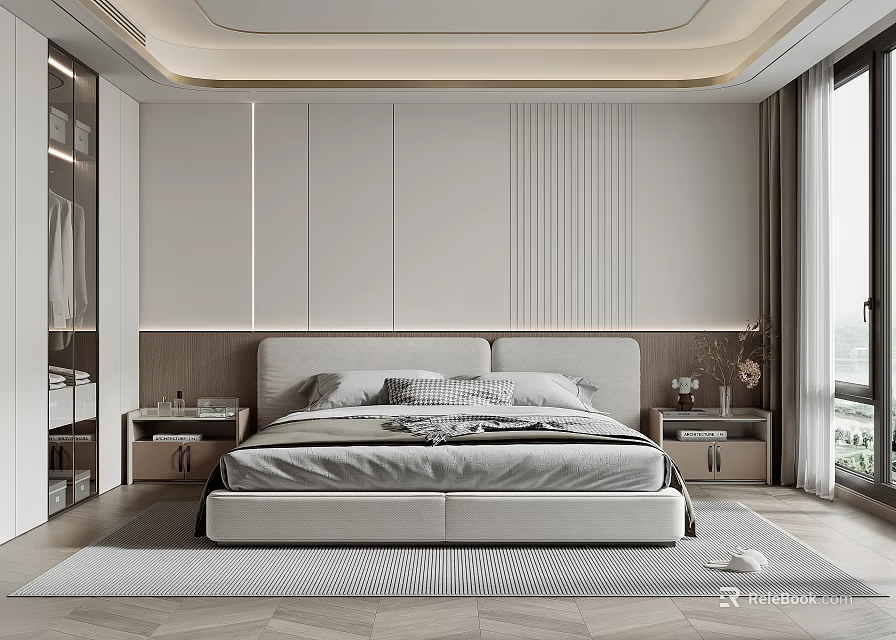 Modern Minimalist Bedroom With Striped Headboard Wall King Bed Nightstands Window Curtains And Patterned Rug 3d model 