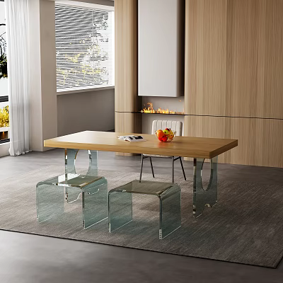 Modern Wooden Dining Table Set with Transparent Glass Stools and Fruits near Wooden Wall Fireplace 3d model