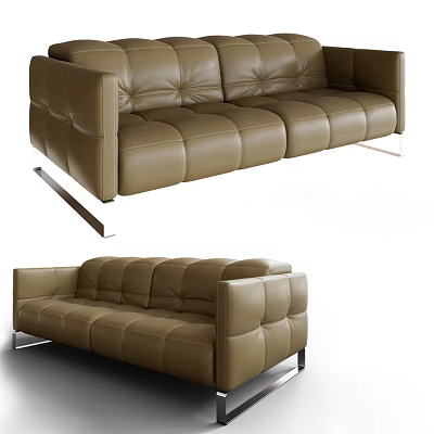 Modern Brown Leather Multi Seat Sofa With Square Tufted Design And Metal Legs 3d model