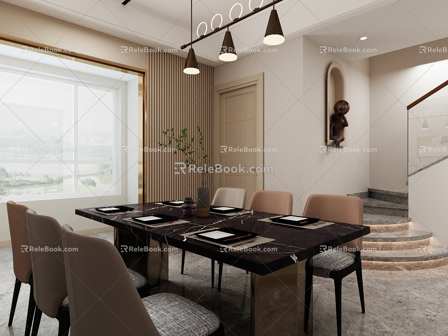 Villa Restaurant Dining Table and Chair Restaurant Chandelier 3d model