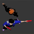 Game and Movie Characters in Action Pose With Blue Jacket Black Outfit and Red Weapons