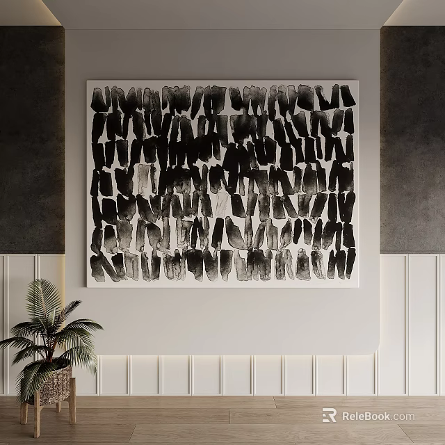 Black and White Abstract Painting With Textured Brush Strokes For Modern Interior Wall Decor 3d model 