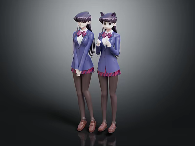 Two Anime Characters In Purple Uniform With Cat Ear Hats Short Skirt And Brown Shoes 3d model