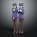 Two Anime Characters In Purple Uniform With Cat Ear Hats Short Skirt And Brown Shoes
