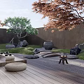 Japanese Zen Garden With Rockery Stones Moss Sand And Wooden Platform