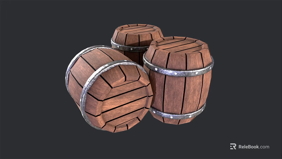 Three Wooden Barrels Decorative Ornament Set With Metal Hoops For Home Decor 3d model 