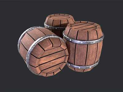 Three Wooden Barrels Decorative Ornament Set With Metal Hoops For Home Decor 3d model