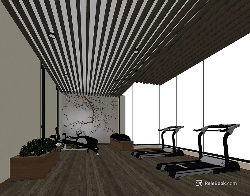 Bright Fitness Gym Interior With Treadmills Exercise Bike Large Windows Wooden Floor And Striped Ceiling 3d model 