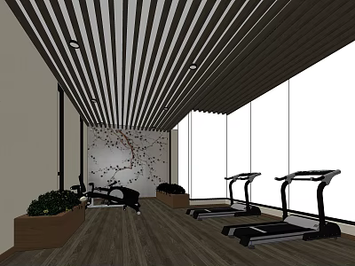 Bright Fitness Gym Interior With Treadmills Exercise Bike Large Windows Wooden Floor And Striped Ceiling 3d model