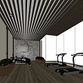 Bright Fitness Gym Interior With Treadmills Exercise Bike Large Windows Wooden Floor And Striped Ceiling