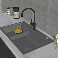 Modern Double Bowl Kitchen Sink with Drainer Basket Fruits and Faucet on Marble Countertop