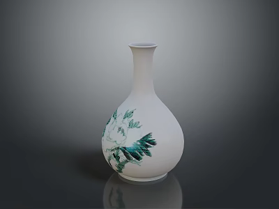 Artistic White Ceramic Vase With Green Floral Carvings Sleek Neck And Rounded Body Sculpture 3d model