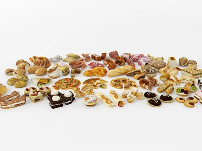 Assorted Delicious Food Display Featuring Bread Pastries Pizza And Sweet Desserts 3d model