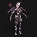 Fantasy Woman With Purple Wings Feathered Headpiece And Black Purple Outfit Standing Pose