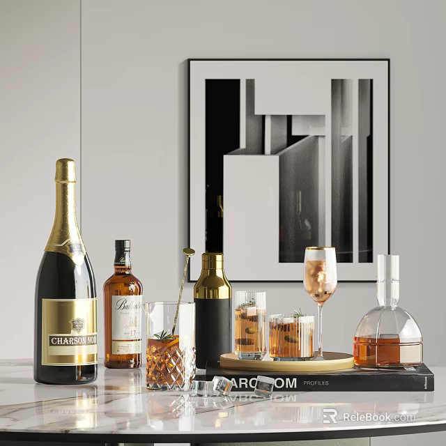 Elegant Modern Decorative Interior With Wine Whiskey Bottles Drinks Glasses On Tray 3d model 