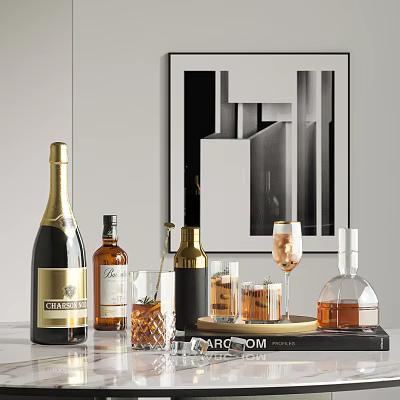Elegant Modern Decorative Interior With Wine Whiskey Bottles Drinks Glasses On Tray 3d model