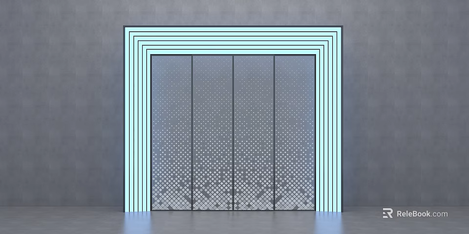 Modern Swing Door Design With Blue Neon Border And Perforated Dot Pattern Against Gray Background 3d model 
