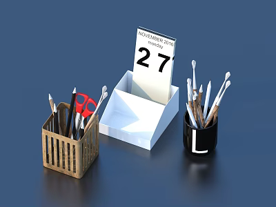 Pens Pencils And Brushes In Wooden And Black Pen Holders With November 27 Calendar 3d model