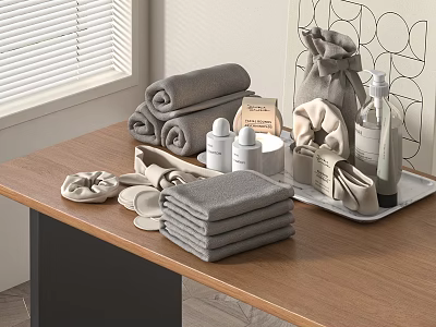 Folded Gray Towels with Bath Products Slippers and Tray in Modern Bathroom Area 3d model