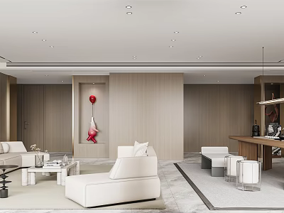 Modern Living Dining Room Interior With White Sofas And Wooden Walls 3d model