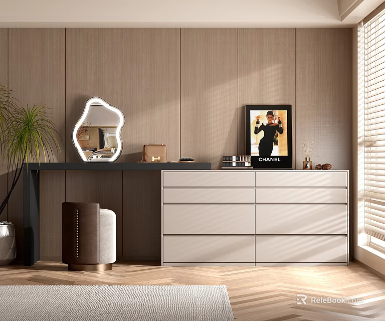 Modern Dressing Table With Unique Mirror Drawers Plant And Art 3d model