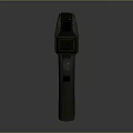 Futuristic Metallic Weapon Phaser With Yellow Warning Stripes And Red Logo