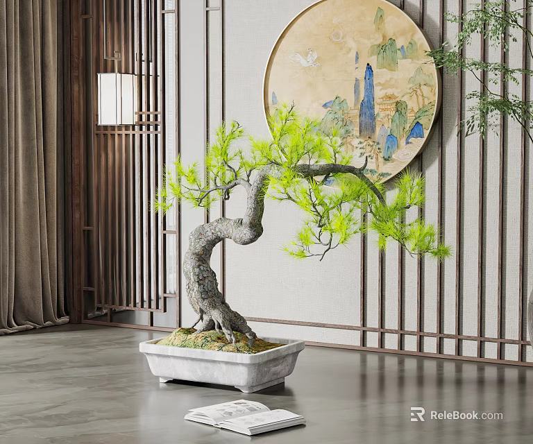 Artistic Bonsai Tree with Curved Trunk Green Foliage in White Stone Pot for Chinese Decor 3d model 