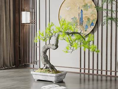 Artistic Bonsai Tree with Curved Trunk Green Foliage in White Stone Pot for Chinese Decor 3d model