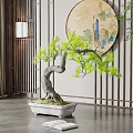 Artistic Bonsai Tree with Curved Trunk Green Foliage in White Stone Pot for Chinese Decor