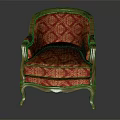 Elegant Classic Armchair Red Patterned Fabric Upholstered With Gold Metal Frame And Ornate Curved Legs