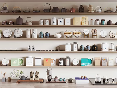 Various Tea Sets Collection With Teapots Teacups And Canisters Displayed On Wooden Shelves 3d model
