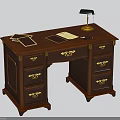 Elegant Vintage Wooden Office Desk With Golden Handles Drawers Table Lamp And Papers