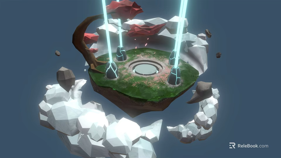 Cartoon Scene of Floating Island with Green Grass Circular Pit and Glowing Pillars 3d model 