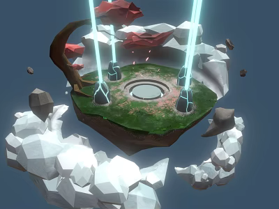 Cartoon Scene of Floating Island with Green Grass Circular Pit and Glowing Pillars 3d model