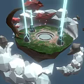 Cartoon Scene of Floating Island with Green Grass Circular Pit and Glowing Pillars