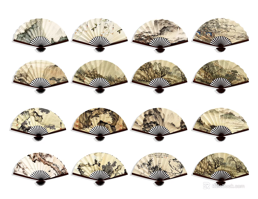 Traditional Chinese Fans With Landscape Art As Wall Hanging Decor 3d model 