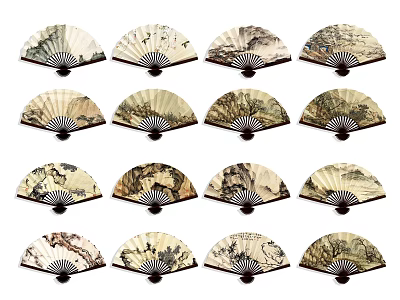 Traditional Chinese Fans With Landscape Art As Wall Hanging Decor 3d model