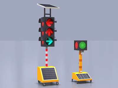 Solar Powered Mobile Traffic Lights with Yellow Bases Red Yellow Green Lights and Green Arrow 3d model