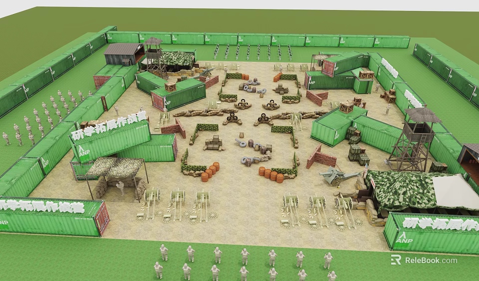Kids Play Area With Green Fences Container Structures And Pumpkin Decorations 3d model 