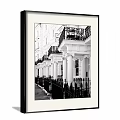 Black and White Landscape Painting of Terraced Street Buildings with Balconies Columns Iron Fences