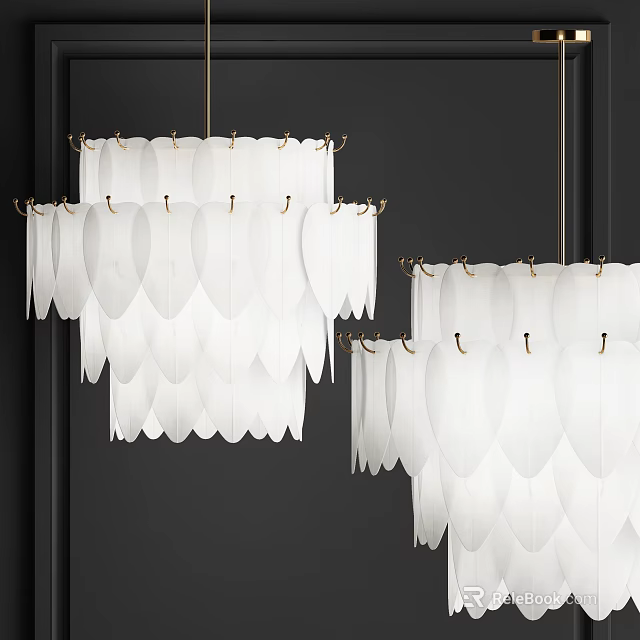 Modern White Feather Shaped Chandeliers with Brass Frames in Interior Design 3d model