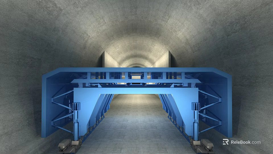 Tunnel Road Infrastructure Interior With Blue Support Structure And Lighting 3d model