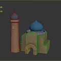 Brick Architecture Model With Blue Domes Tower Structure And Arched Doorway 3d model