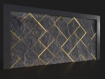 Modern Ceiling Light With Gold Lines Diamond Pattern On Black Framed Stone Wall 3d model