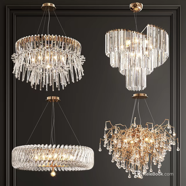 Modern Crystal Chandeliers in Circular and Geometric Styles with Golden Frames and Hanging Pendants 3d model 