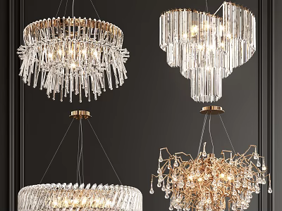 Modern Crystal Chandeliers in Circular and Geometric Styles with Golden Frames and Hanging Pendants 3d model