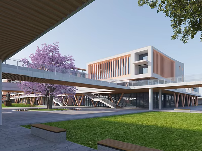 Modern School Building With Wooden Grilles Skywalk Bridge Green Lawn And Purple Tree 3d model