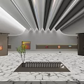 Modern Exhibition Space With Marble Floor Central Bench Green Plant Wall Artworks And Ceiling Lighting