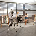 Spacious Public Office Space Featuring People Conversing Clothing Racks And Photography Gear