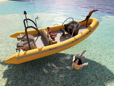Yellow Inflatable Yacht in Shallow Water with Woman On Board and Person Diving Swimming 3d model